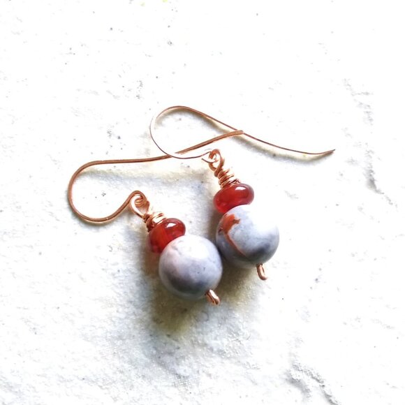 Misty Classy Elegance: Gray Stone & Russet Agate Copper Earrings! Handmade +OOAK - Picture 6 of 10